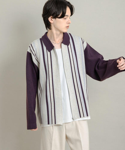 條紋拉鍊針織襯衫