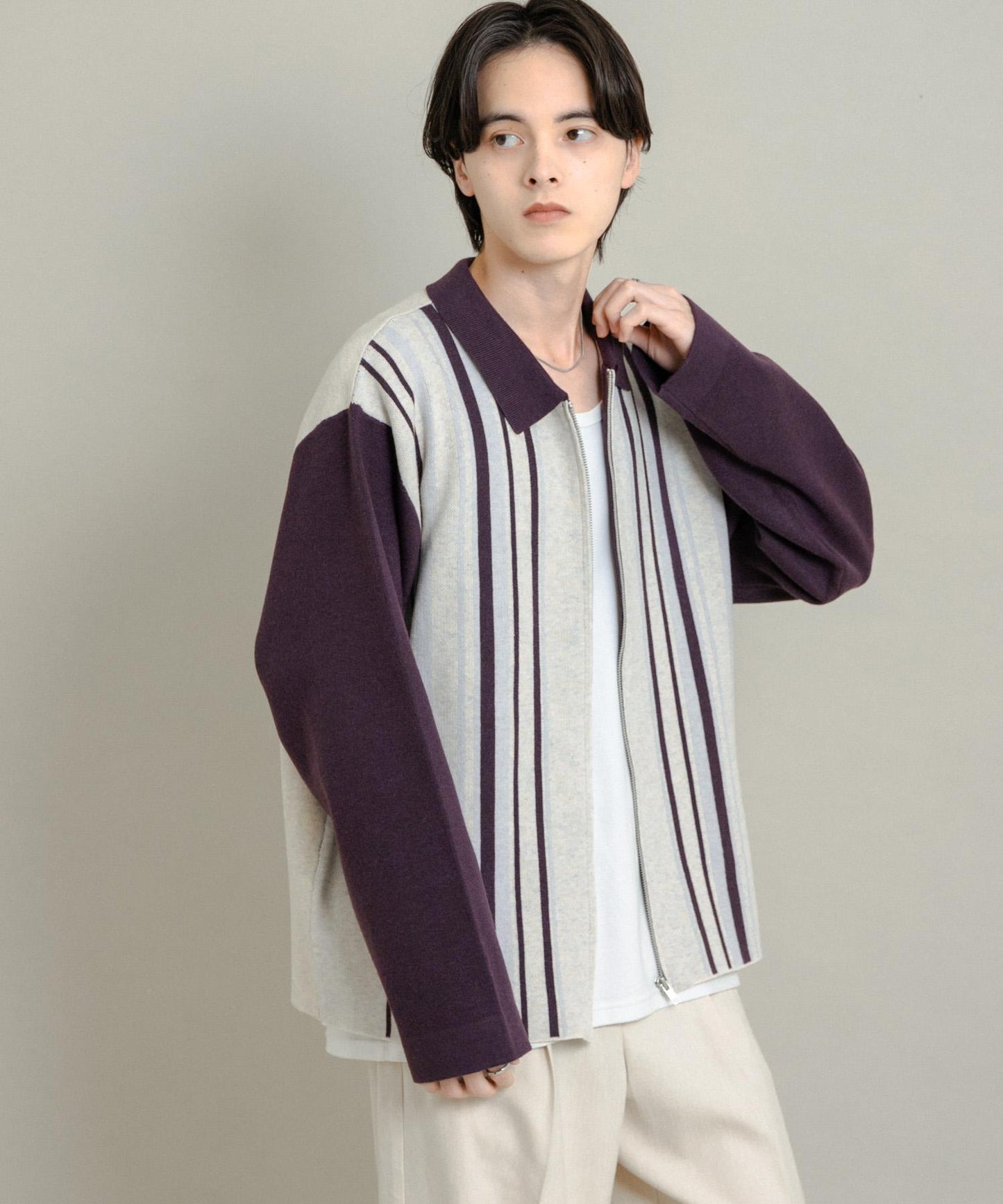 條紋拉鍊針織襯衫