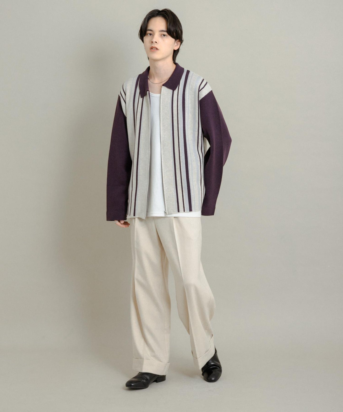 條紋拉鍊針織襯衫