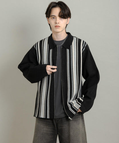 條紋拉鍊針織襯衫