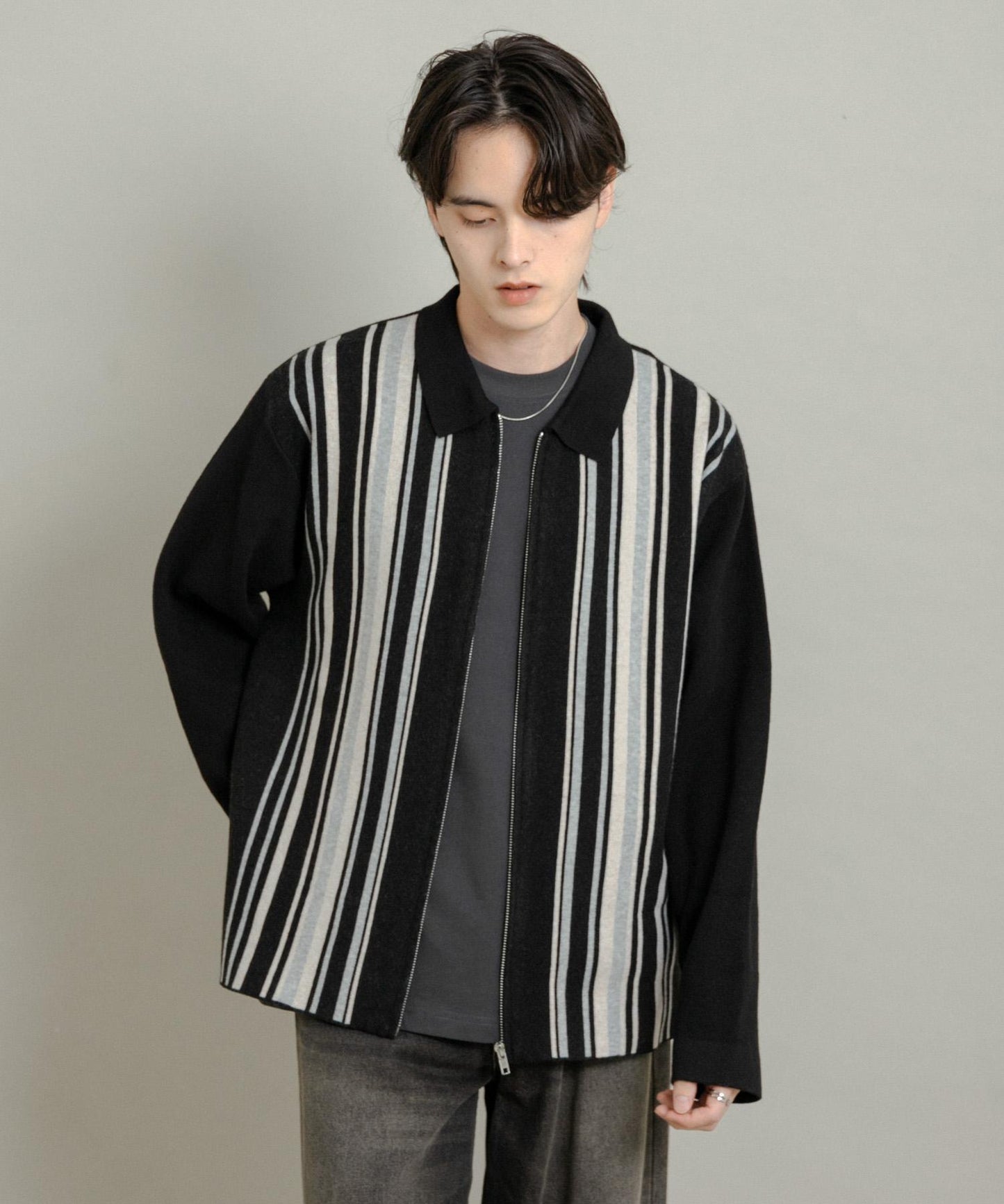 條紋拉鍊針織襯衫