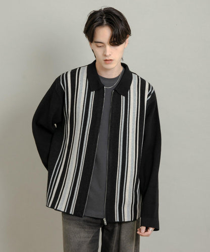 條紋拉鍊針織襯衫