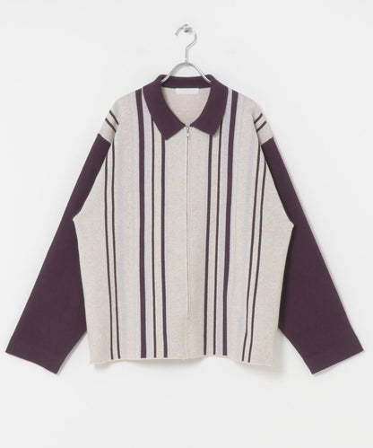 條紋拉鍊針織襯衫