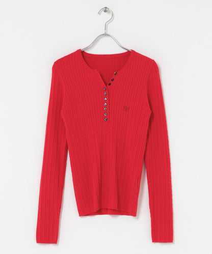 刺繡亨利領迷你麻花針織衫