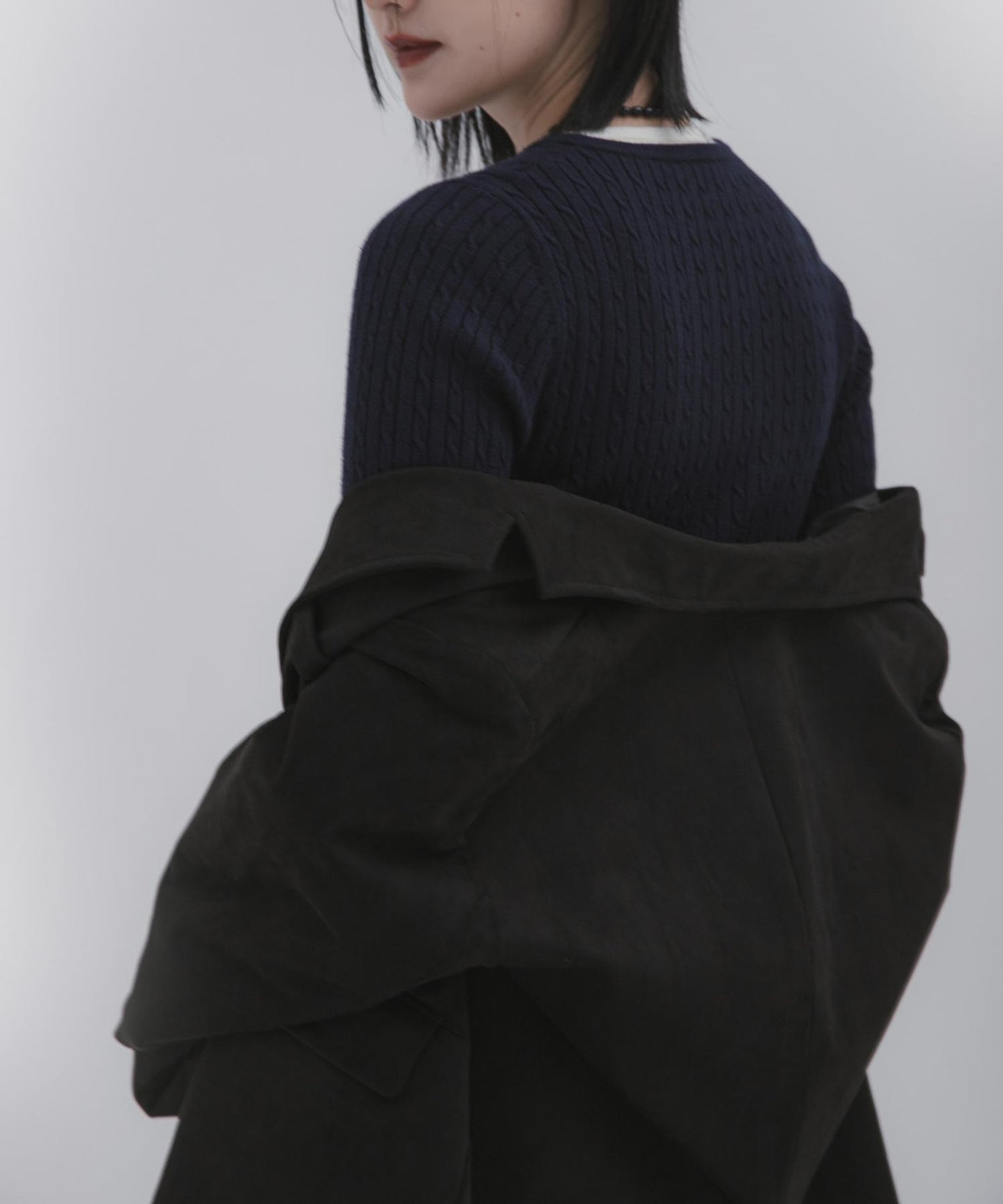 刺繡亨利領迷你麻花針織衫