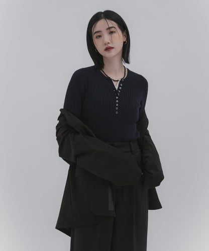 刺繡亨利領迷你麻花針織衫