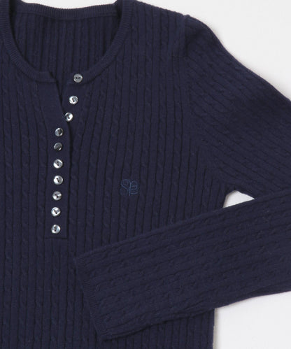 刺繡亨利領迷你麻花針織衫