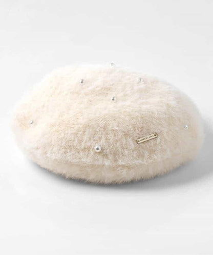 珍珠裝飾毛絨貝雷帽