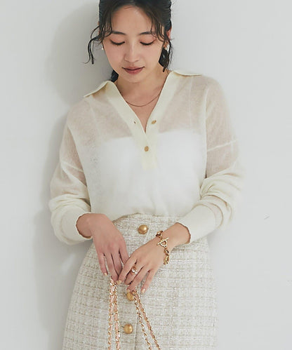 【La boutique BonBon】馬海毛混紡透視針織POLO衫