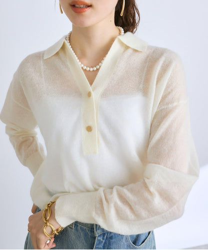 【La boutique BonBon】馬海毛混紡透視針織POLO衫