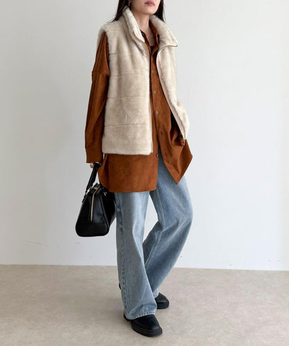 條紋絎縫毛絨馬甲