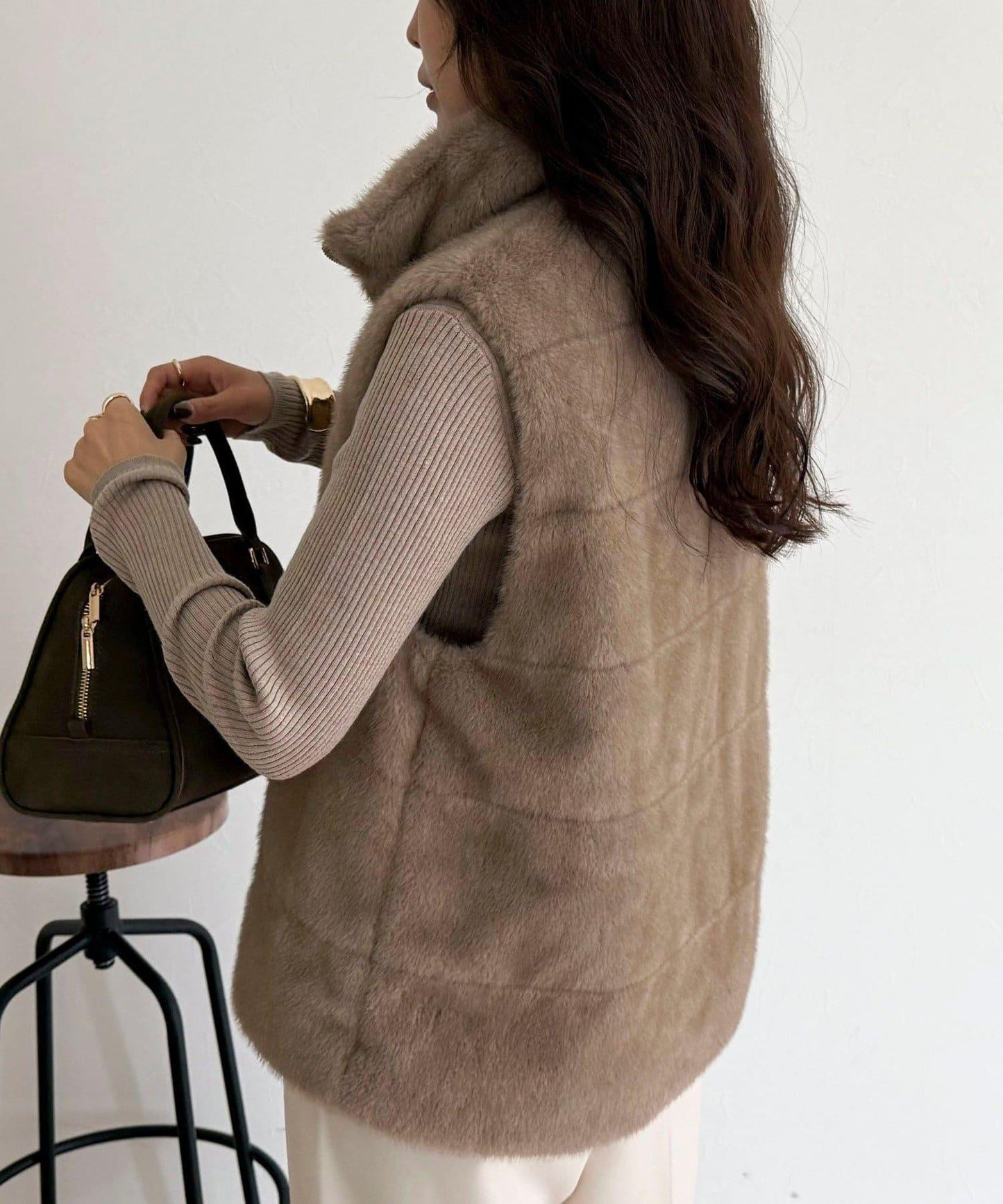 條紋絎縫毛絨馬甲