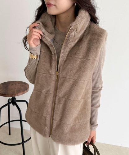 條紋絎縫毛絨馬甲