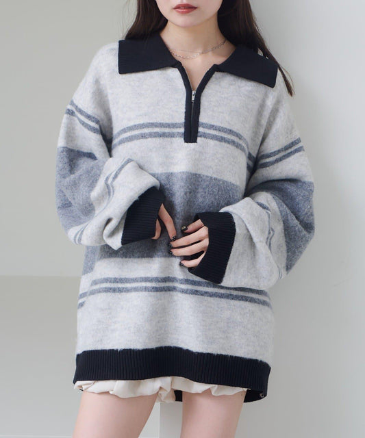 條紋拉鍊針織衫