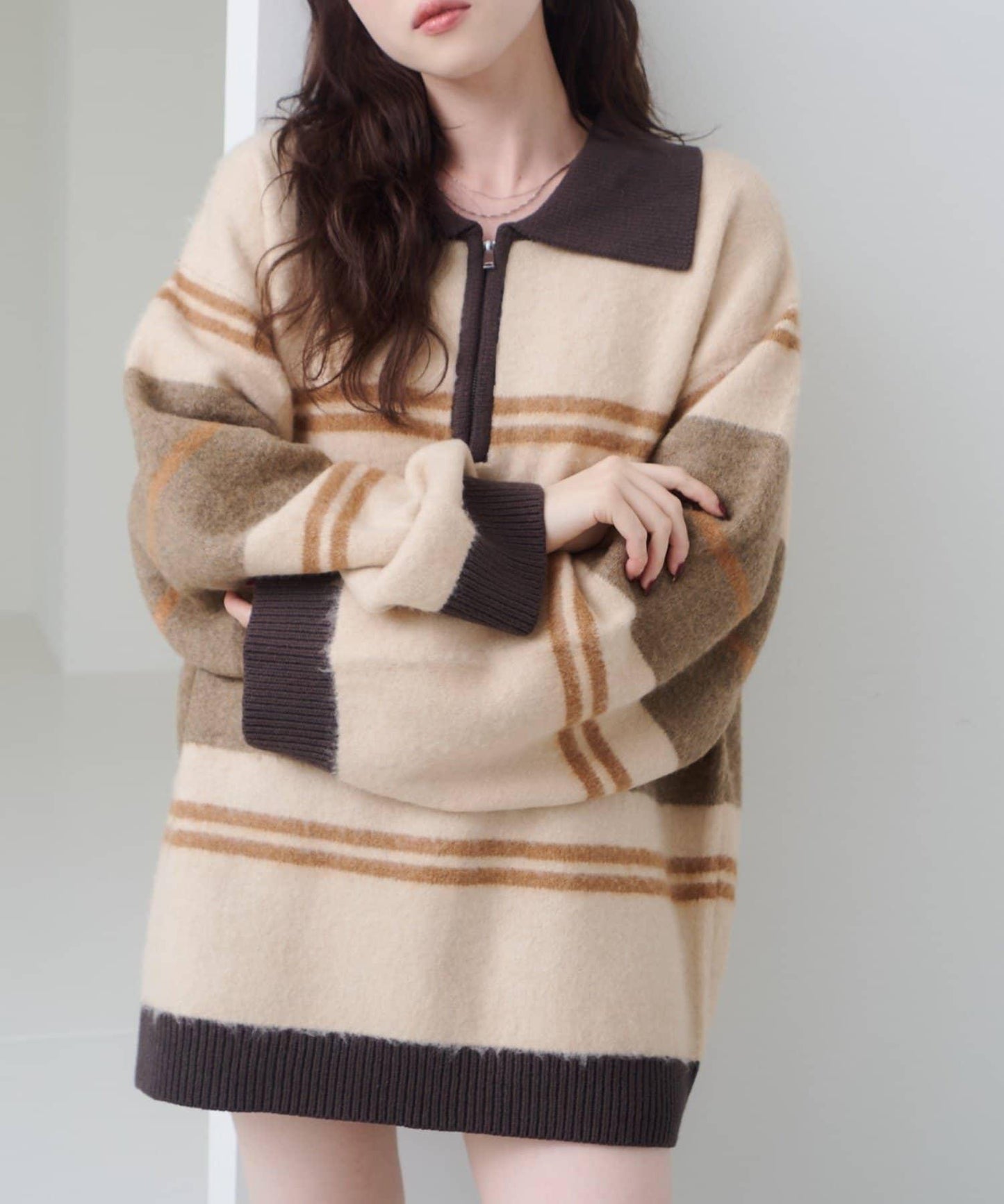 條紋拉鍊針織衫