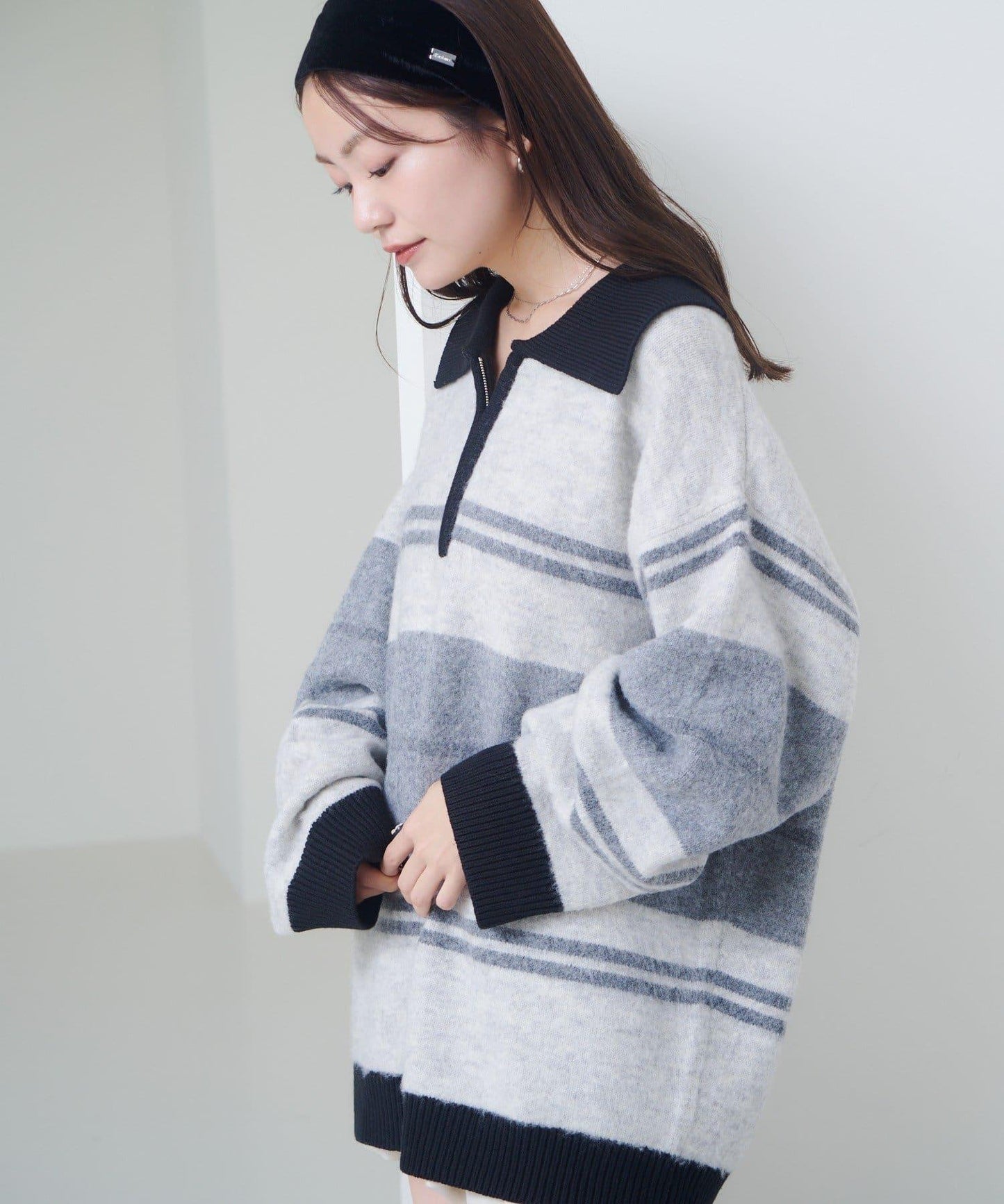 條紋拉鍊針織衫