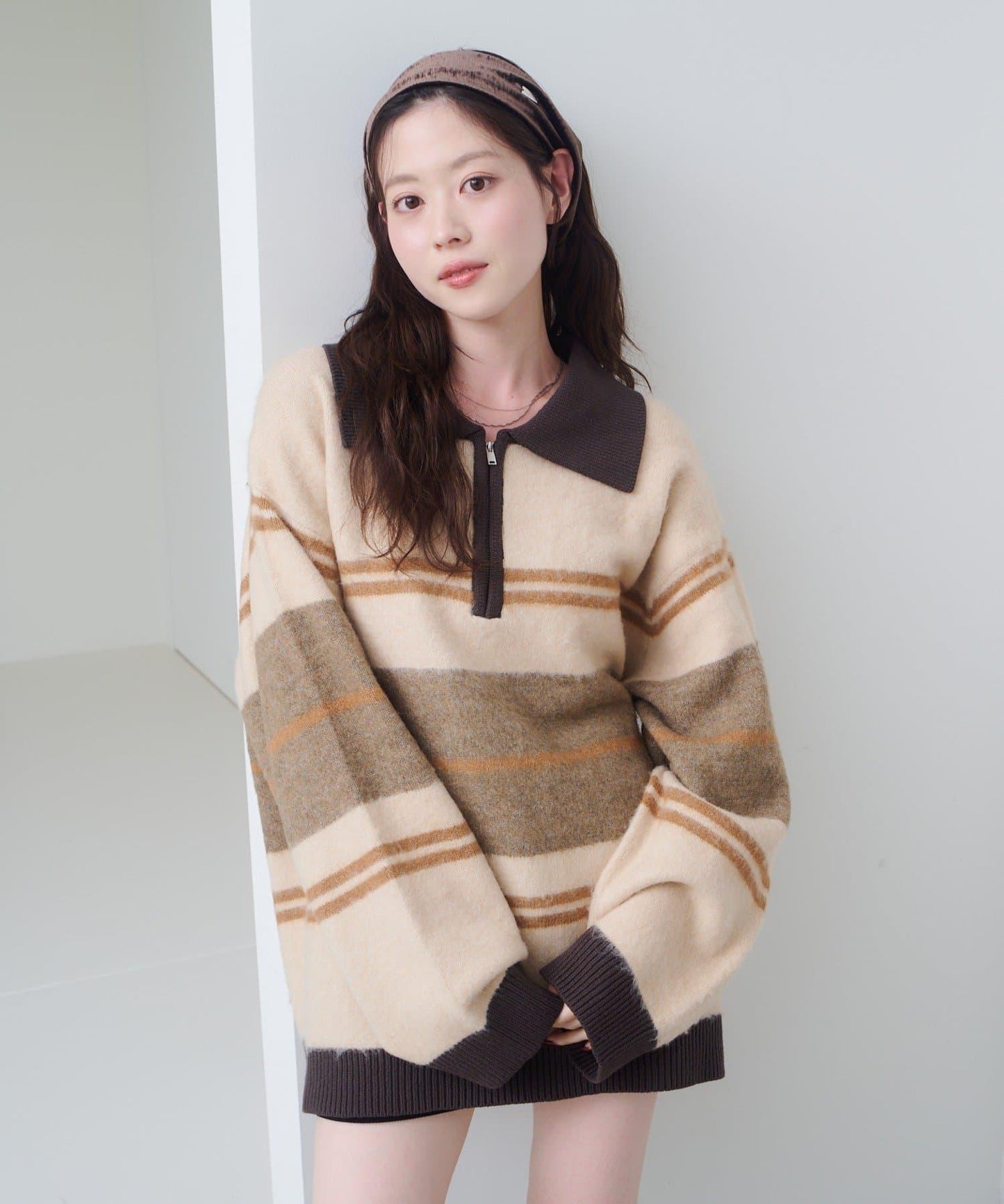 條紋拉鍊針織衫