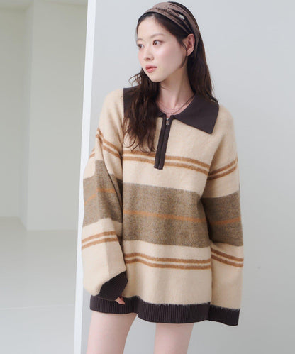 條紋拉鍊針織衫