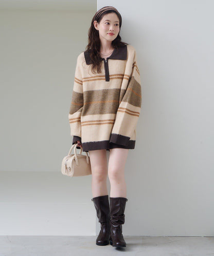 條紋拉鍊針織衫