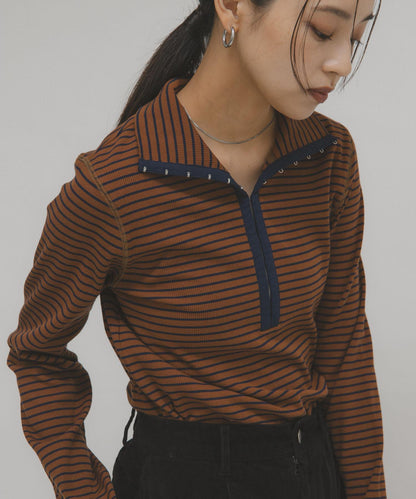 高領紐扣條紋上衣