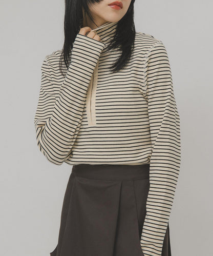 高領紐扣條紋上衣