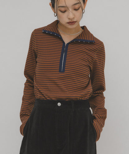 高領紐扣條紋上衣