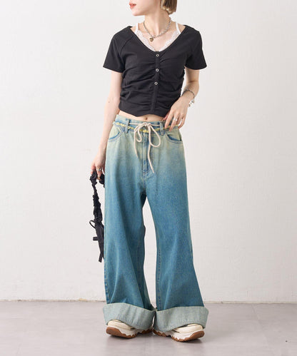 漸變色闊腿牛仔褲