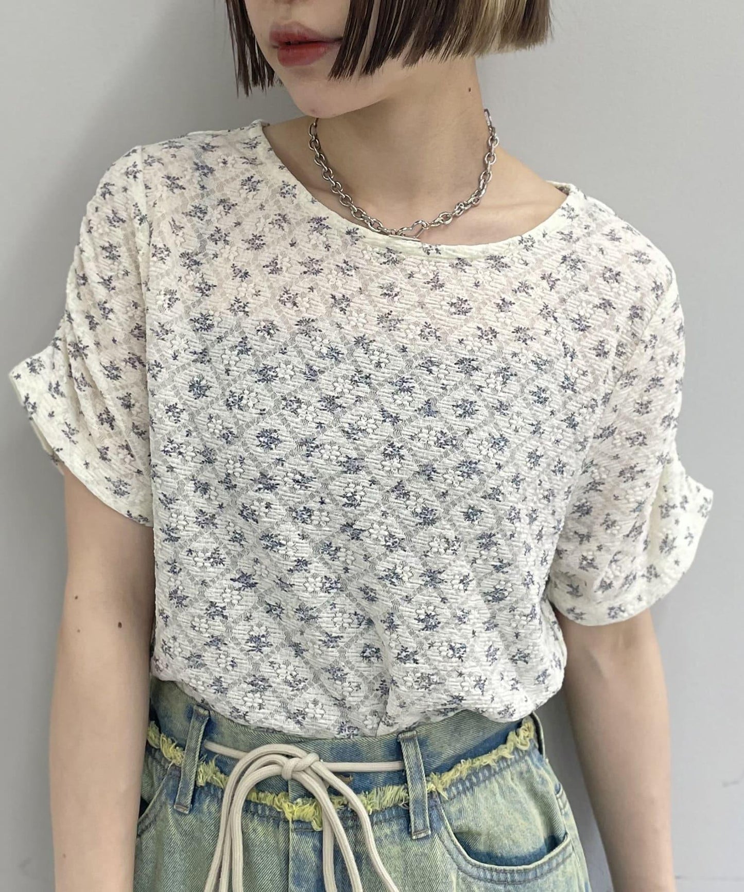 w closet 花卉蕾絲提花短袖T恤