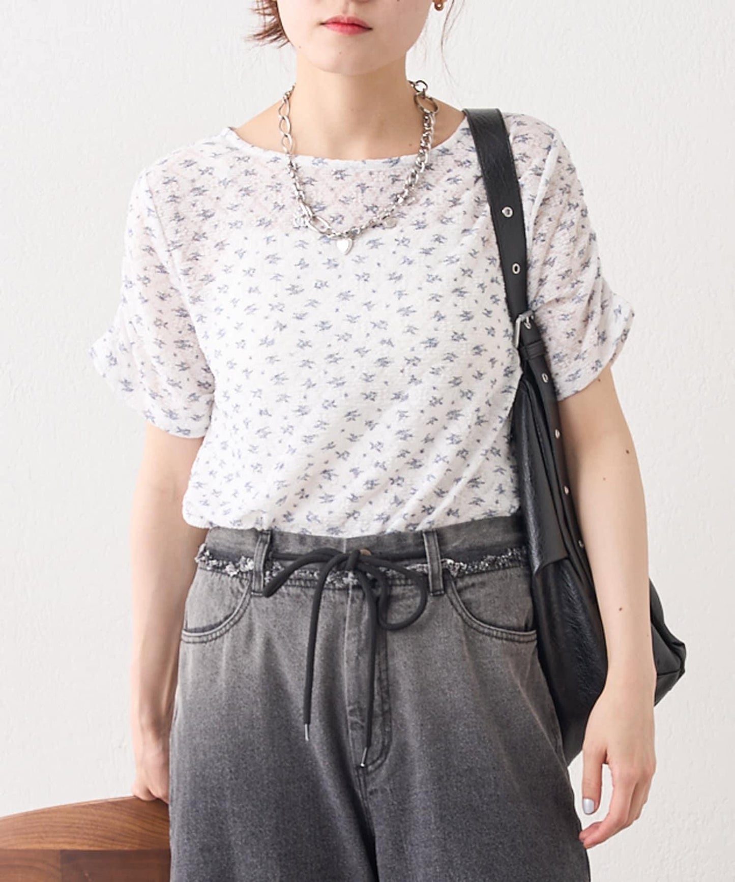 w closet 花卉蕾絲提花短袖T恤