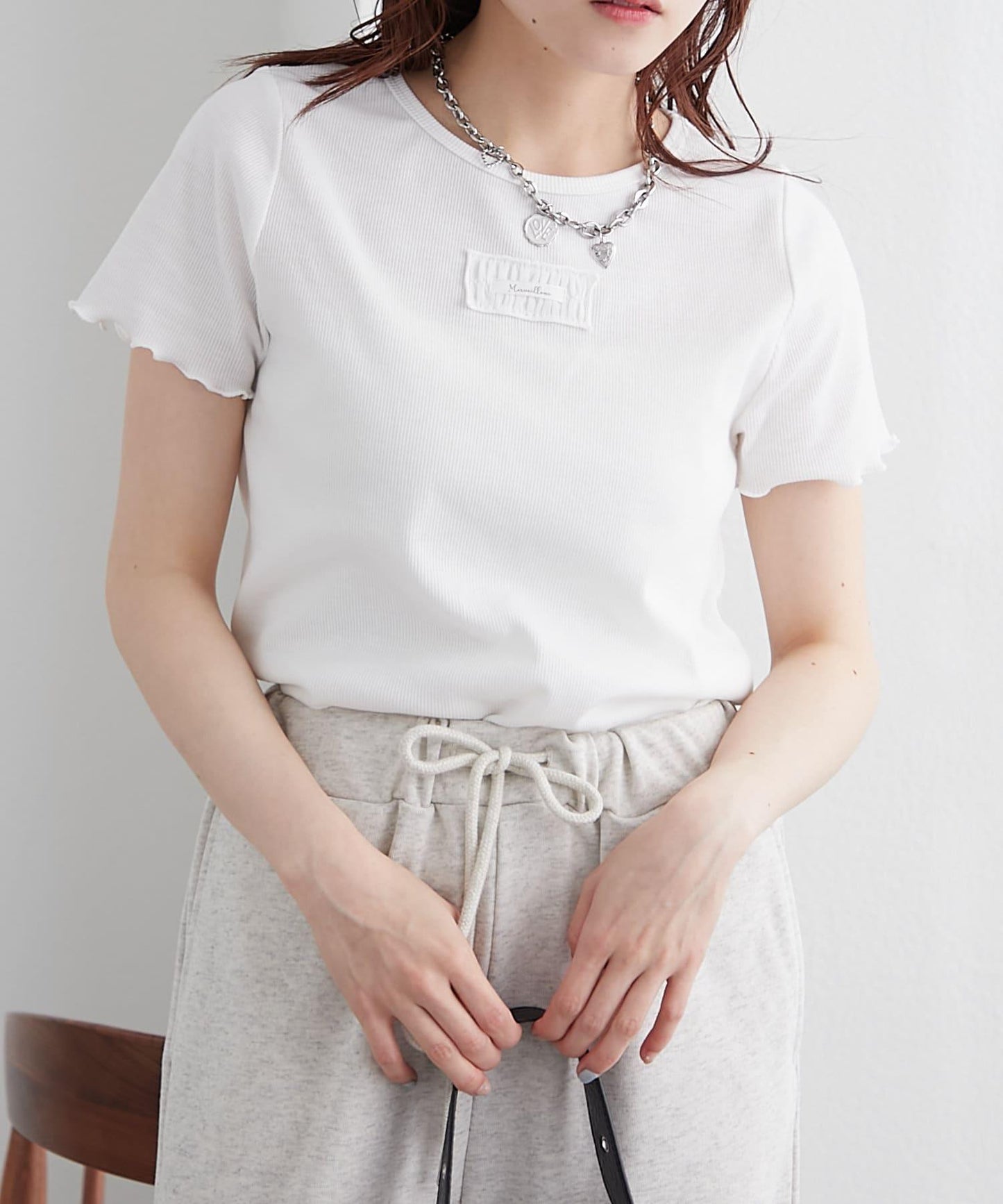 w closet 荷葉邊領羅紋T恤