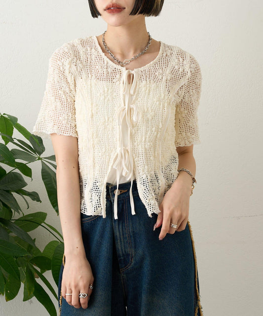 w closet 花卉網紗蝴蝶結襯衫