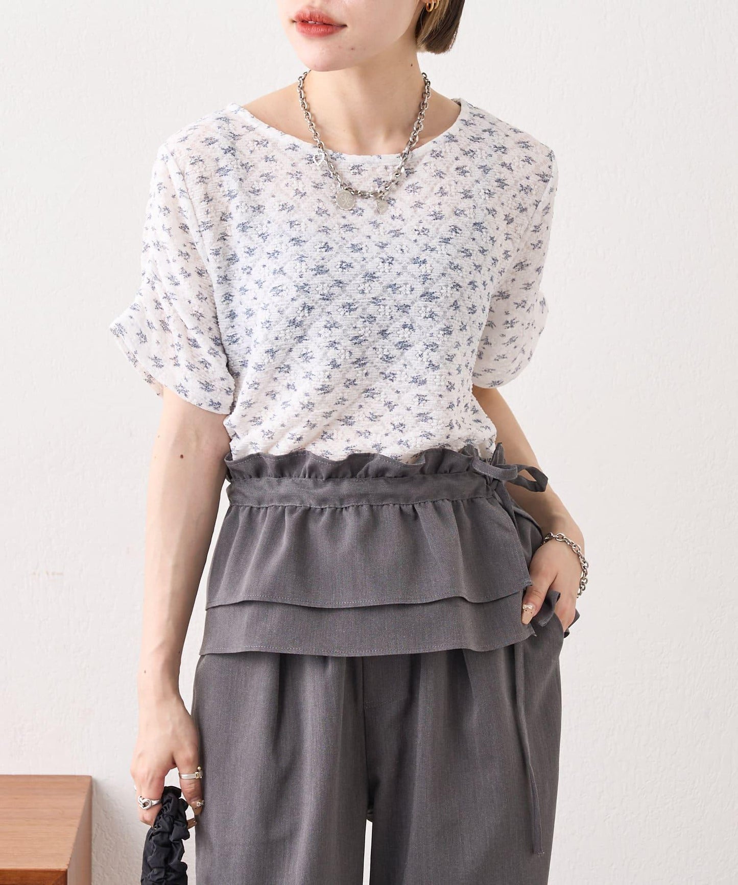 w closet 花卉蕾絲提花短袖T恤