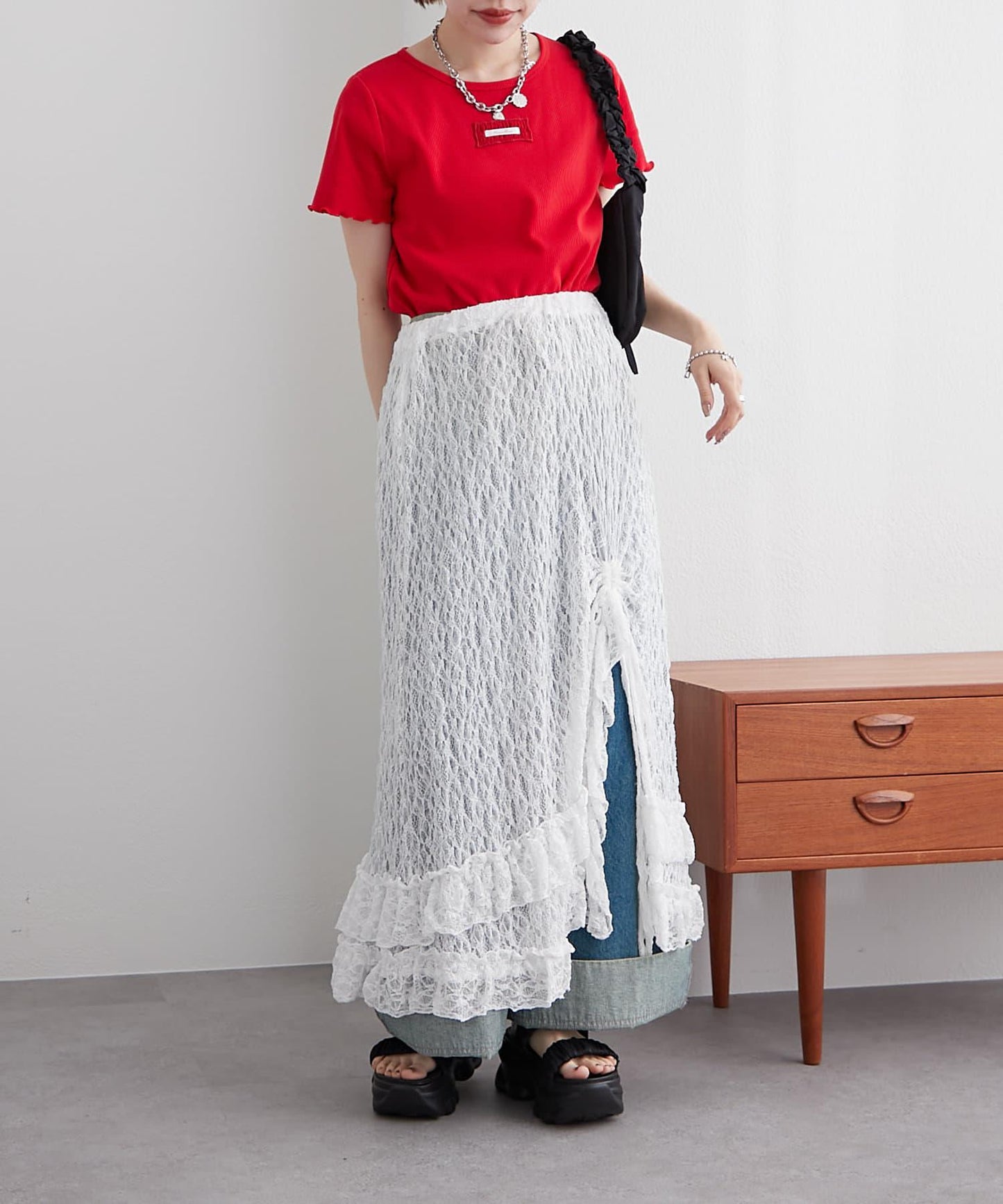 w closet 荷葉邊領羅紋T恤