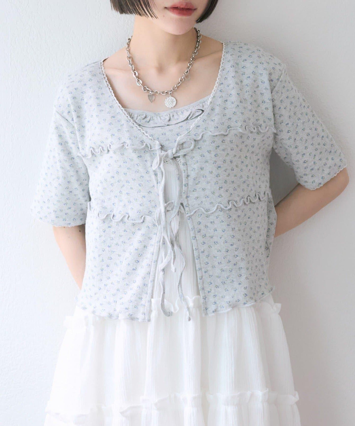 花卉圖案針織開衫+吊帶套裝