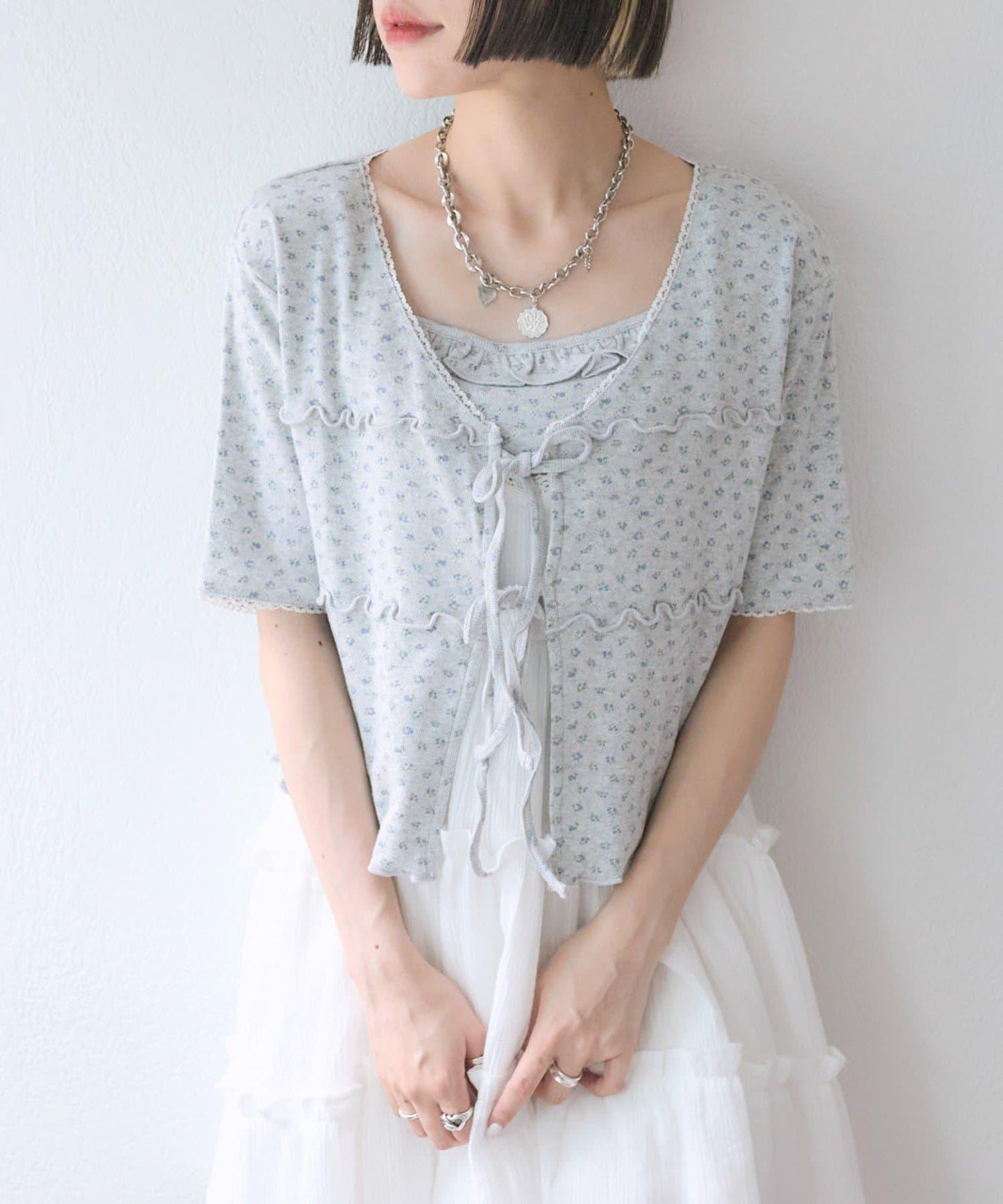 花卉圖案針織開衫+吊帶套裝