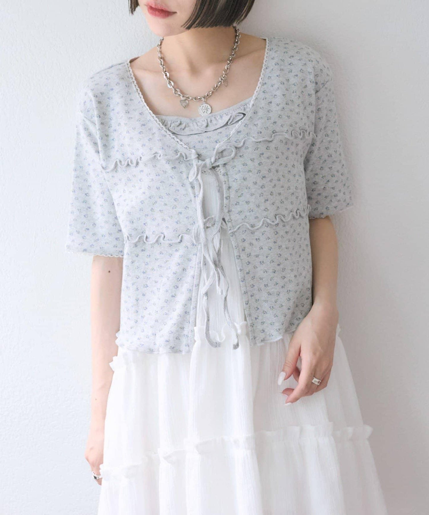 花卉圖案針織開衫+吊帶套裝