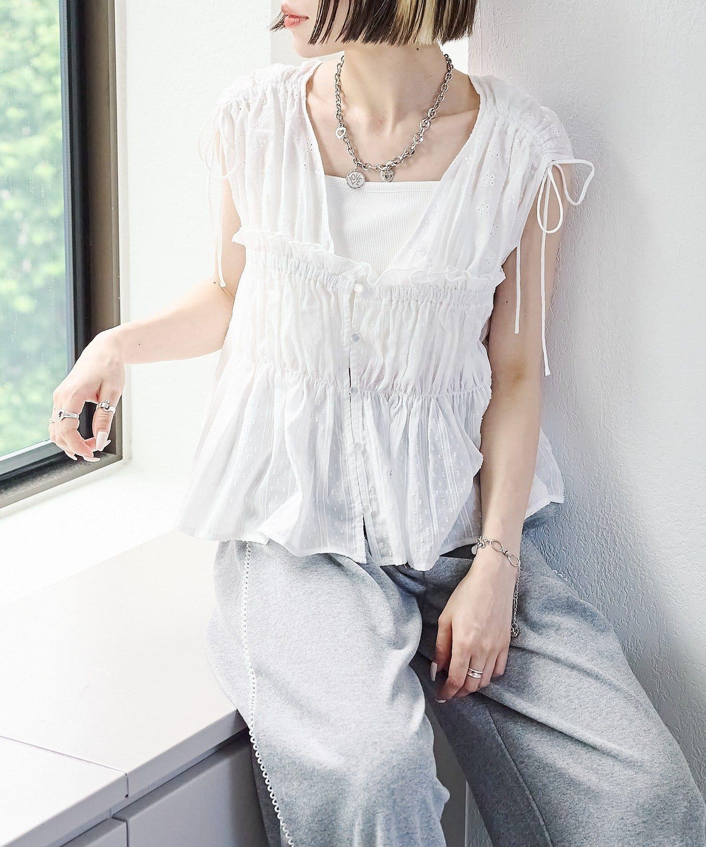 w closet 蕾絲拼接 抽繩 襯衫