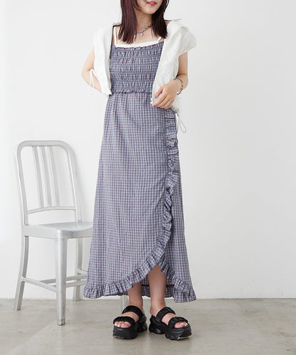 w closet 抽褶格紋吊帶連衣裙