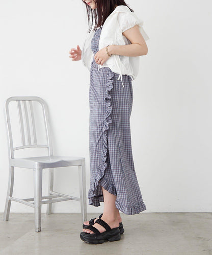 w closet 抽褶格紋吊帶連衣裙