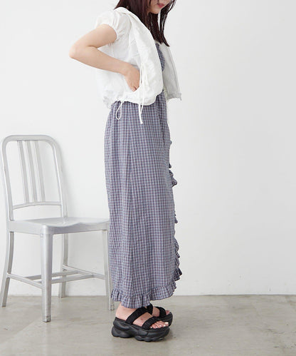 w closet 抽褶格紋吊帶連衣裙