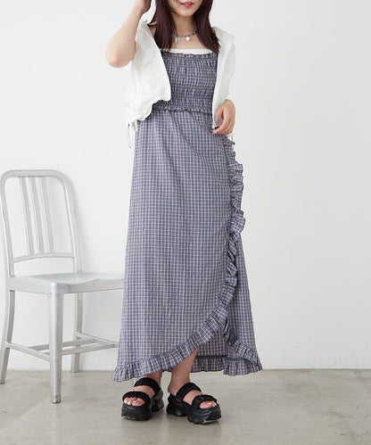 w closet 抽褶格紋吊帶連衣裙