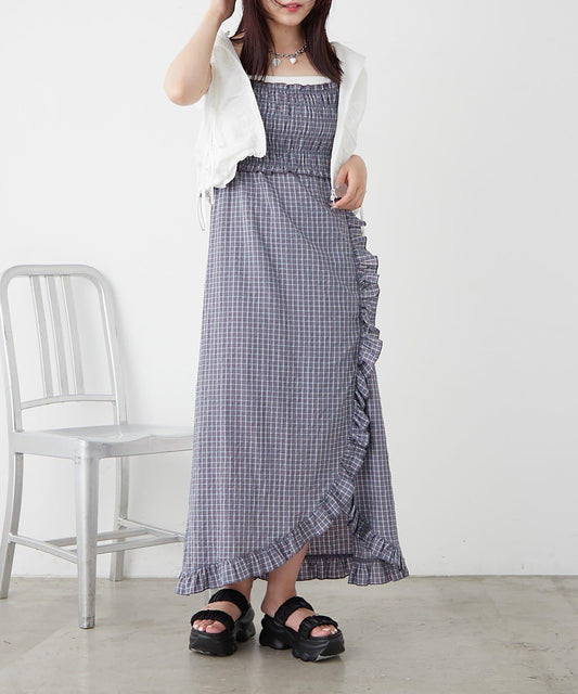 w closet 抽褶格紋吊帶連衣裙