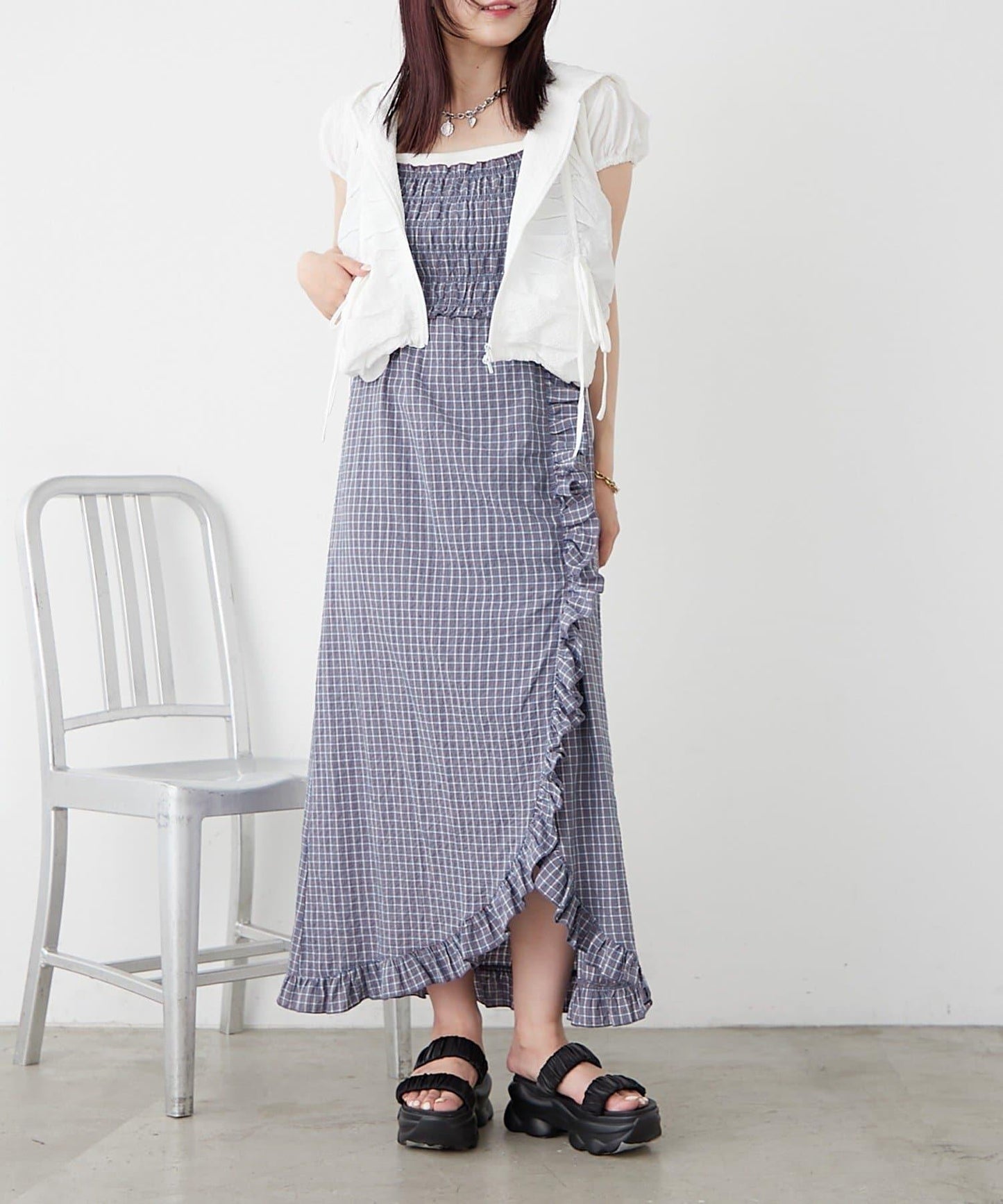 w closet 抽褶格紋吊帶連衣裙