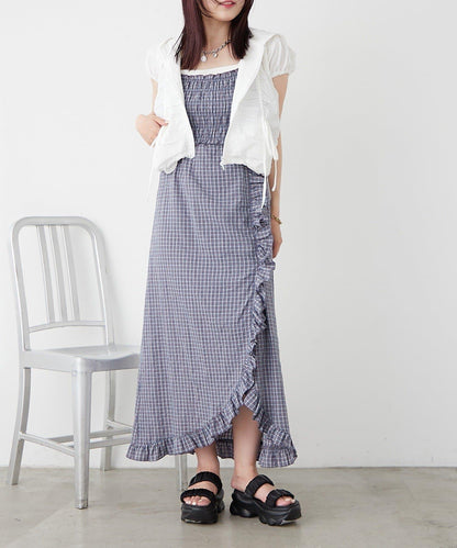 w closet 抽褶格紋吊帶連衣裙