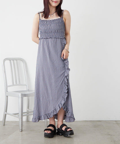 w closet 抽褶格紋吊帶連衣裙