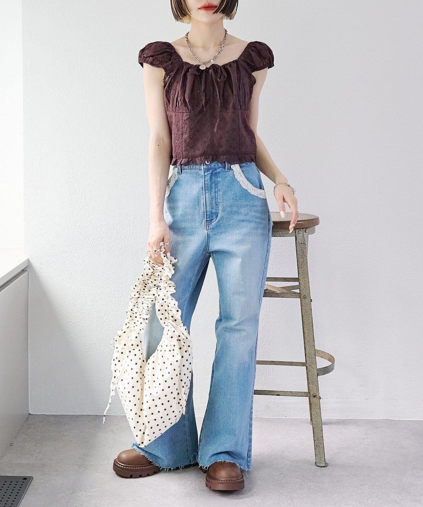 蕾絲拼接 喇叭 牛仔 褲子