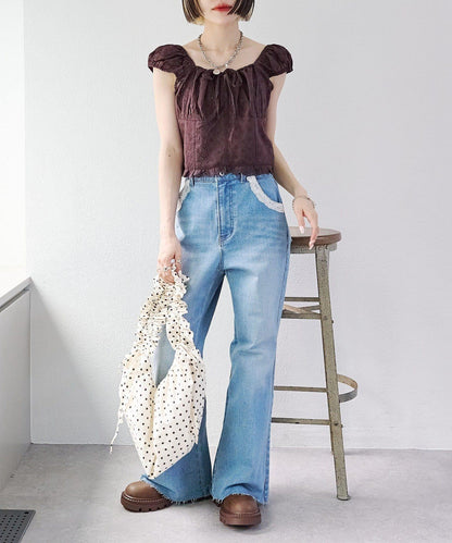 蕾絲拼接 喇叭 牛仔 褲子