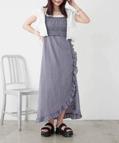 w closet 抽褶格紋吊帶連衣裙