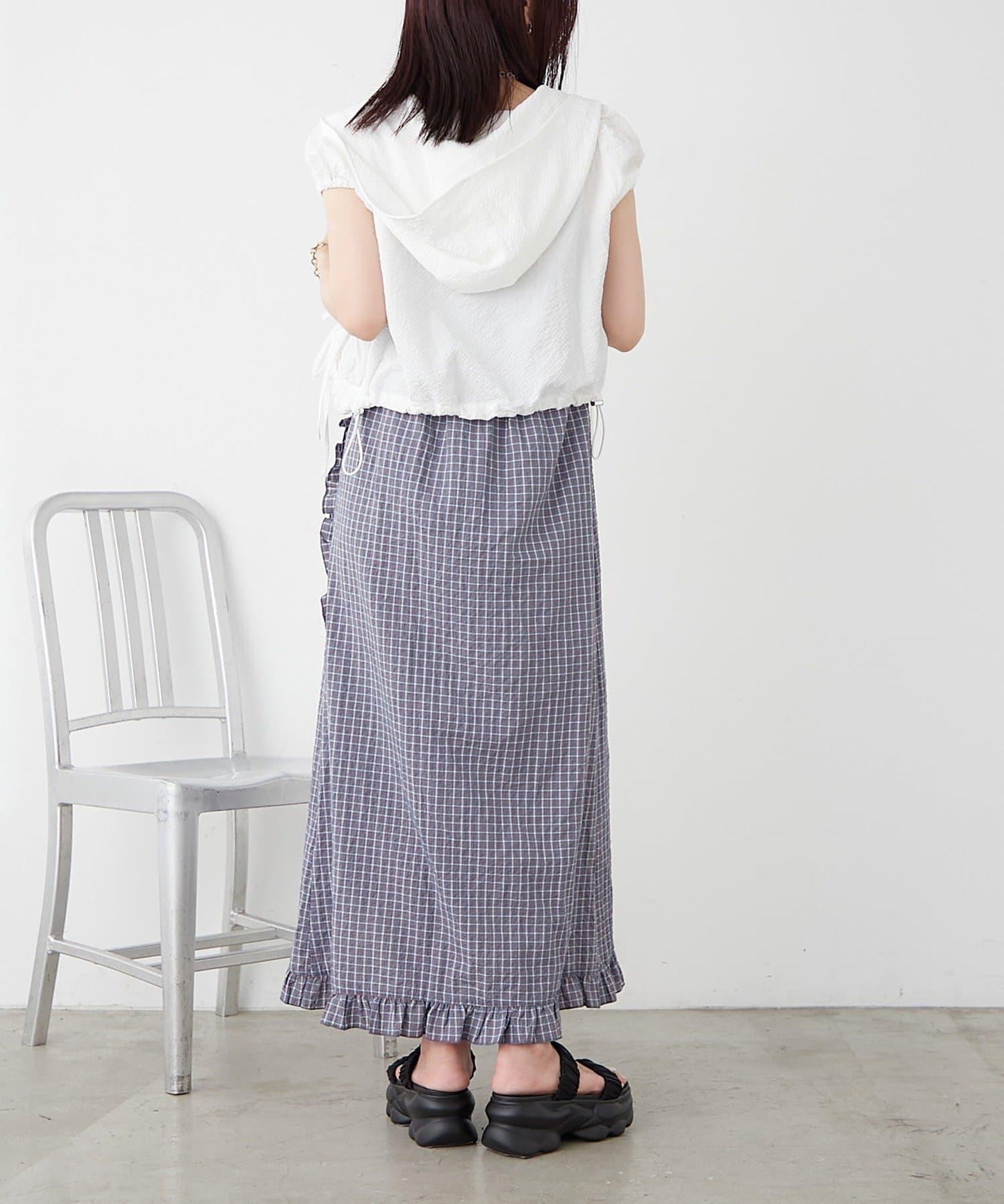 w closet 抽褶格紋吊帶連衣裙