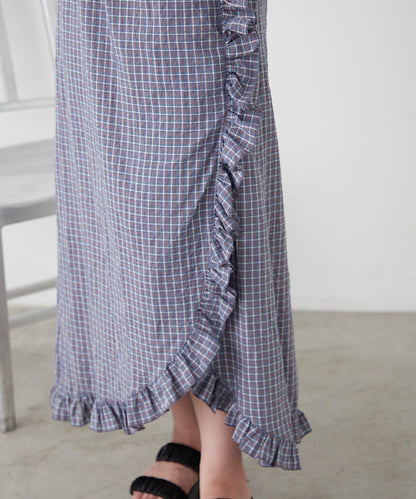 w closet 抽褶格紋吊帶連衣裙